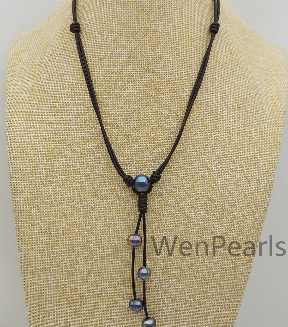 Black Green Potato pearl leather Drop necklace,Pearl and Leather Lariat Necklace,Leather Pearl necklace,Black leather pearl necklace,Le4-055