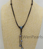 Black Green Potato pearl leather Drop necklace,Pearl and Leather Lariat Necklace,Leather Pearl necklace,Black leather pearl necklace,Le4-055