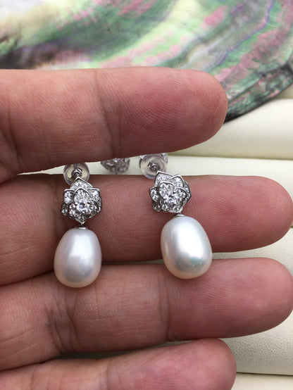 AAA 9mm White rice pearl cz stud earrings,zircon S925 Sterling Sliver pearl earrings,pearl for women for girl,SE3-102