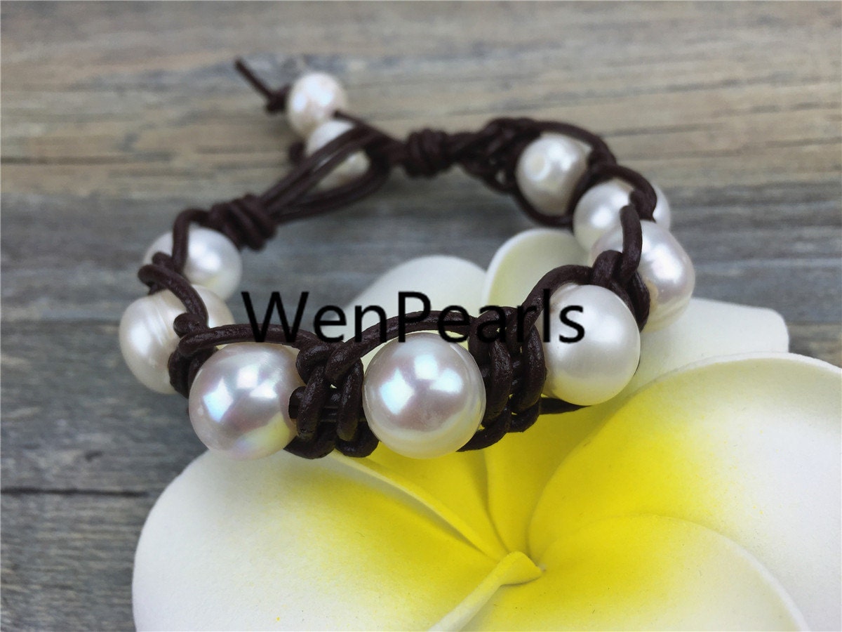 Big potato pearl bracelet,Leather Pearls Bracelet, Handmade Cuff,White Pearls on Brown Leather,Black leather bracelet,Le7-032