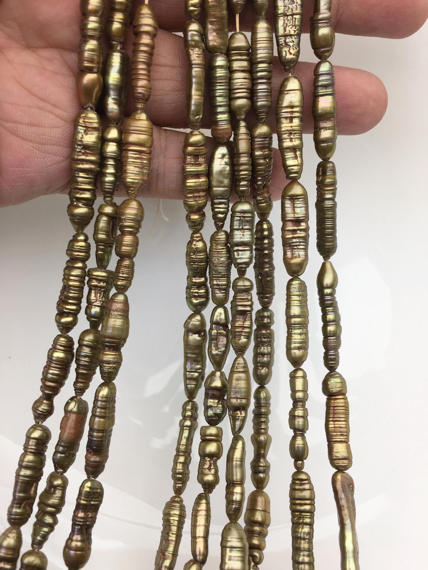 AA 6-7mm green brown toothpick Biwa Pearl Necklace,Genuine Fresh Water Pearl,Wedding Necklace,Mothers Day,ZS-80-10-25