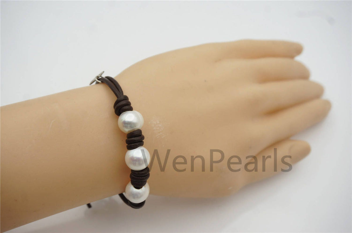 3 Pearl leather bracelet,11mm potato white pearl,Select leather color,Handmade Cuff,Le7-112