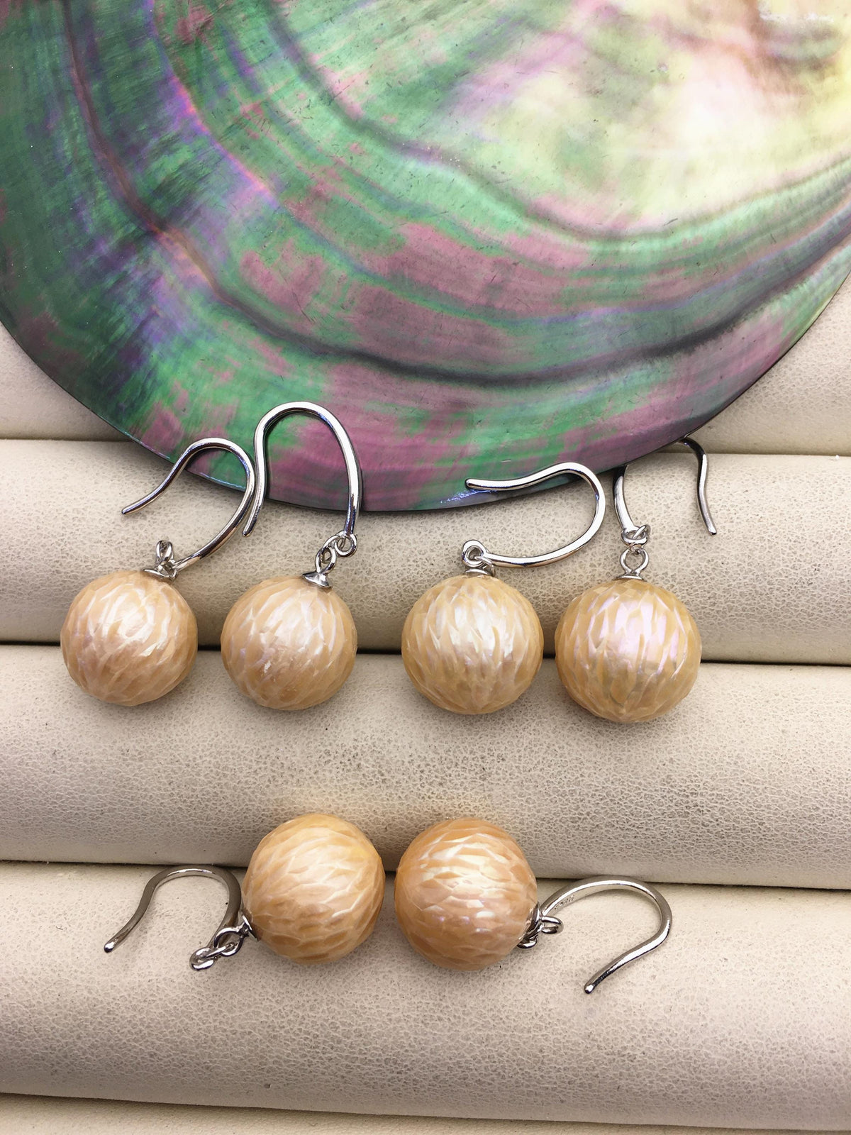 1 pair AAA 11-13mm orange handmade carved round pearl dangle earrings,S925 sterling silver earrings,SE3-T9-48