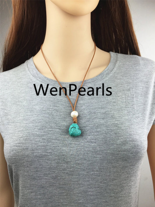 Turquoise gemstone leather necklace,knotted pearls,handmade pearl necklace,pearl necklace,necklace,Le1-008